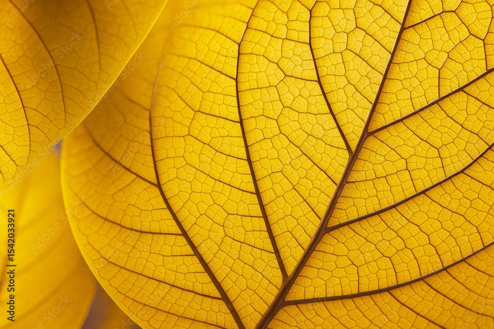 Poster Close-up of vibrant yellow translucent leaf structure showing detailed veins and patterns in natural light. Ai generative.