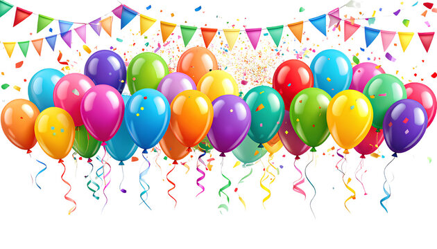 Celebration Elements Set Balloons, Streamers & Confetti Isolated on Transparent Background PNG
