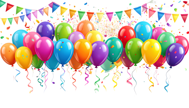 Celebration Elements Set Balloons, Streamers & Confetti Isolated on Transparent Background PNG