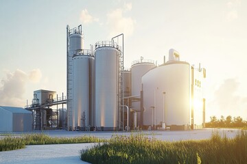 A biodiesel processing plant with tanks and pipes, set against a bright and clear sky, symbolizing clean energy production 