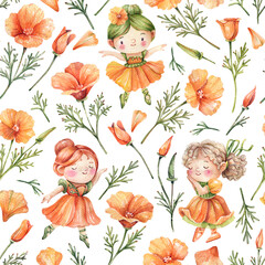 Charming Seamless Pattern with Princess Ballerinas in Poppy Petal Dresses and Flowers