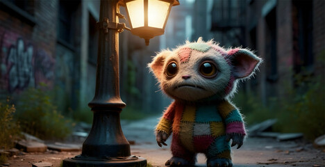 Eerie Yet Cute Patchwork Monster Beneath Flickering Streetlamp