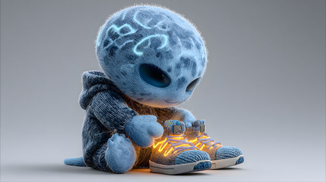 Cute Alien Character Admires Light-Up Sneakers Cartoonish and Futuristic Style
