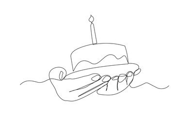 Continuous line of people hand holding creamy sweet birthday cake with candle and topping. Traditional birthday bakery dessert for party. Editable stroke sketch drawing vector illustration