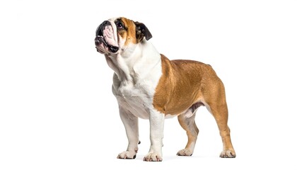 Cute bulldog sitting and looking up, isolated on white background with plenty of copy space