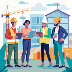 Architects Discussing Building Plans at a Construction Site, Professional Teamwork Concept, Realistic Vector Illustration