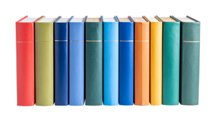 Row of colorful books isolated on white or transparent background