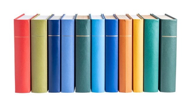 Row of colorful books isolated on white or transparent background