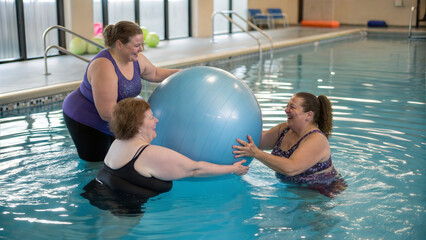 Plus-size women doing aqua ball workout for weight loss in pool