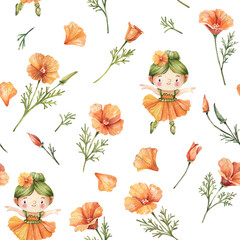 Cute Seamless Pattern with Girls in Poppy Petal Dresses and California Flowers