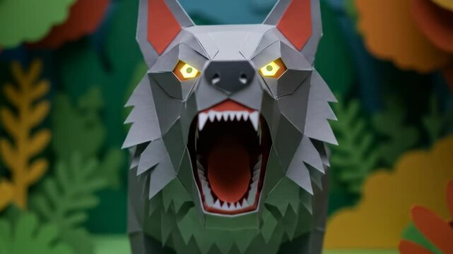 Paper cutout wolf model with glowing eyes in a forest setting. Handcrafted abstract illustration for fables and wildlife concept.