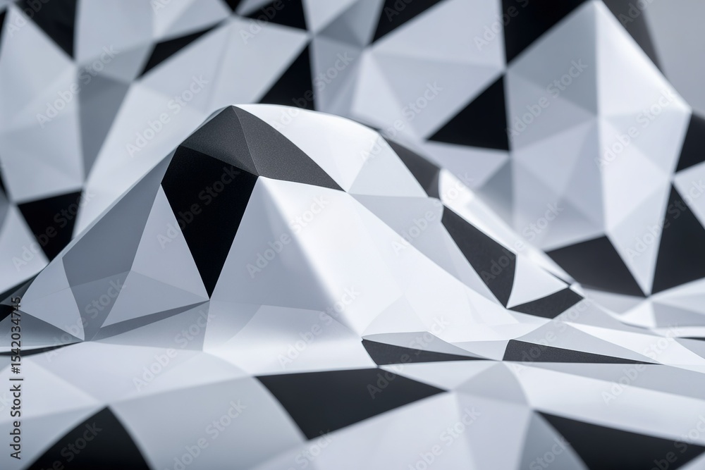 Poster textured black and white geometric patterns create an illusion of depth in a modern design setting
