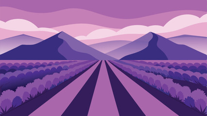 Vector illustration of lavender field and mountain range under purple sky landscape