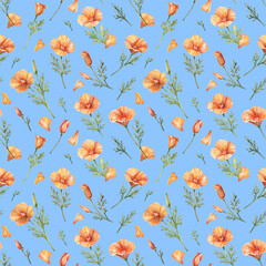 Seamless Watercolor Pattern with California Poppies on Blue Background