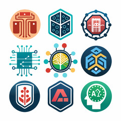 AI Technology Logo Collection Featuring Digital Circuit, Artificial Intelligence, Neural Network, Futuristic Design, Machine Learning, Tech Innovation, Robotics, and Smart System Vector Icons Set