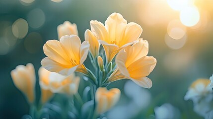 A delicate yellow freesia flower with a soft, graceful shape, growing in a well-lit garden, exuding a sweet fragrance and adding charm to the space. 
