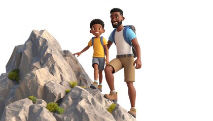 Joyful 3D cartoon dad and son scaling a rocky slope, teamwork and fun on a clean white backdrop.