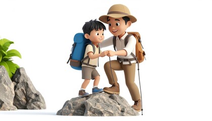 3D cartoon father and son climbing a mountain together, smiling and enjoying the adventure on a white background.