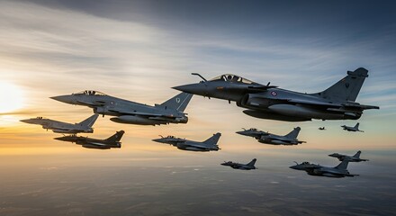 Military Aircraft Flying Formation Against a Sunset Sky Backdrop