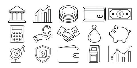 Collection of finance and banking line icons isolated on white background