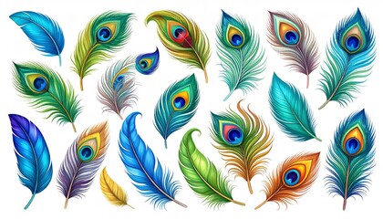 Stylized cartoon feathers with fine lines and color, celebrating the grace of birds, isolated.