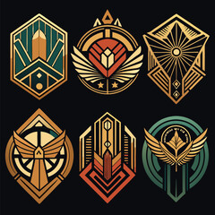 Art Deco Inspired Logo Collection Featuring Geometric Shapes, Elegant Patterns, Vintage Style, Luxury Design, Decorative Elements, Golden Lines, and Retro Vector Icons Set
