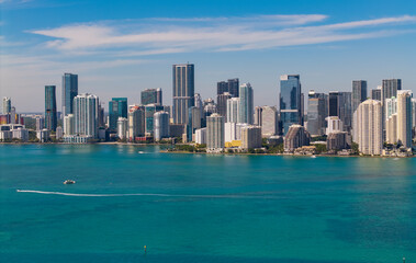 Miami skyline. Miami skyscraper cityscape. Miami city skyline view of Brickell key. Miami downtown. Skyscraper building. Cityscape building downtown. Travel destination. City architecture