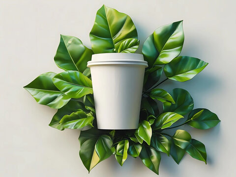 Mockup of white paper coffee cup and leaves