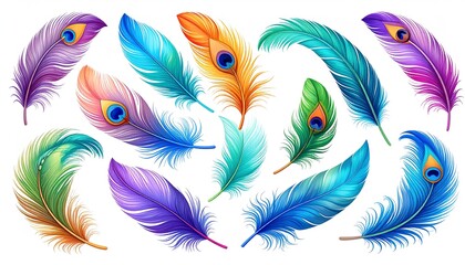 Elegant peacock feather in cartoon illustration, detailed eye pattern, white background.
