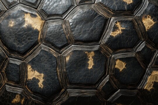 Turtle shell texture with copy space. Close-up turtle pattern. Reptile shell design. Turtle scales. Realistic turtle shell. Turtle design texture. Detailed turtle shell close-up. Wild Animal texture.