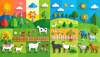 Colorful garden full of paper cut-style pets, birds, and woodland creatures on cheerful mosaic backgrounds.