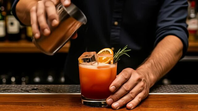 Man bartender pours cocktail from shaker into glass with ice on bar counter. Refreshing drink for party production footage.