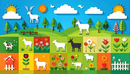 Cute farm and forest animals with birds in layered paper cut design, all gathered in a mosaic garden scene.
