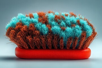 Uniquely designed cleaning brush showcasing vibrant blue and brown bristles resting on a bright red base