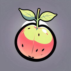 A stylized peach with two leaves and a stem set against a gray background