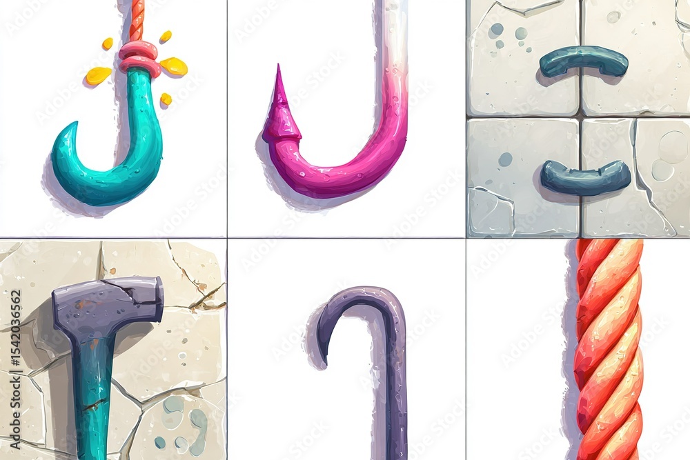 Poster colorful and creative game icons featuring various hooks and tools in a playful design for visual en