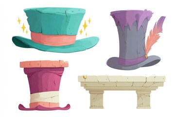 Colorful and whimsical hats on display showcasing unique designs and craftsmanship for festive occasions or theatrical performances