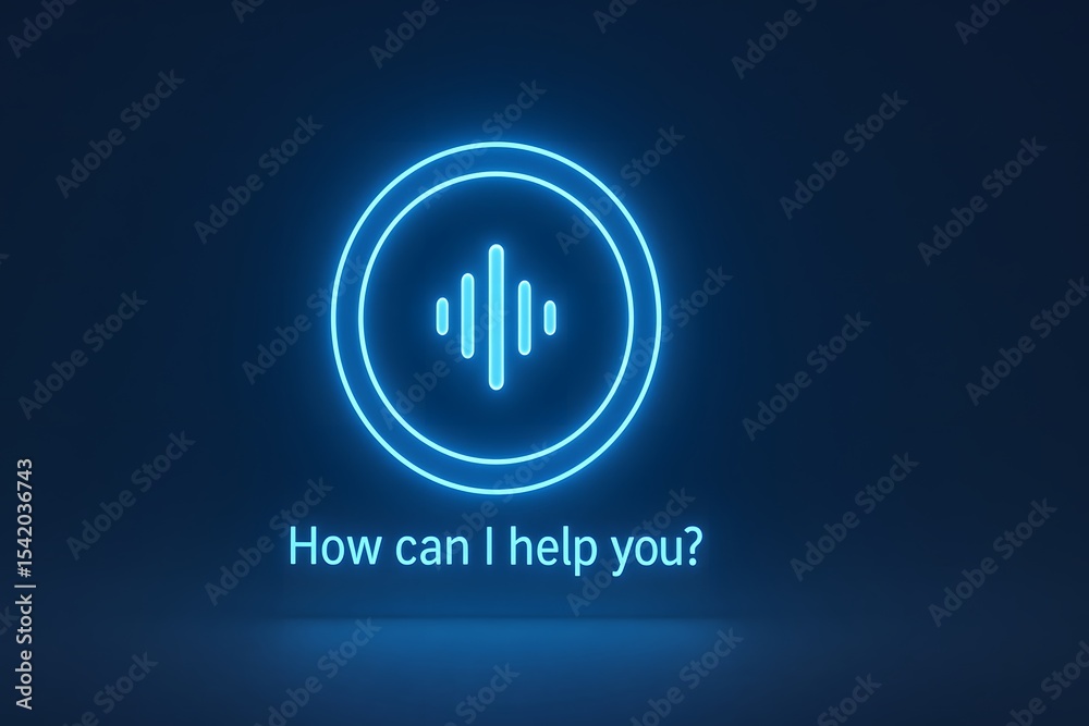 Poster neon light icon of sound waves with assistance text on dark background