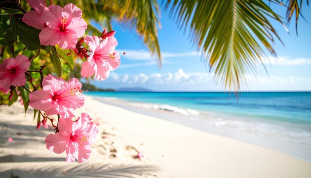 tropical beach with pink hibiscus flowers and palm tree
