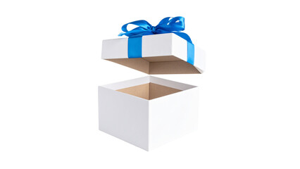 White open gift box with blue ribbon isolated on white