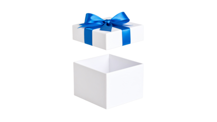 White open gift box with blue ribbon isolated on white