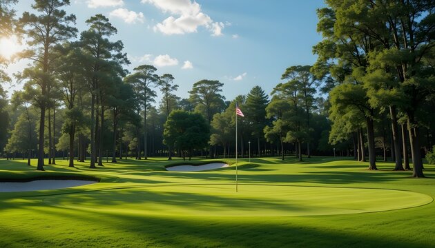 This striking visual captures a pristine golf course green with a perfectly placed American flag waving in the breeze, creating an ideal blend of sport, patriotism, and luxury outdoor living.