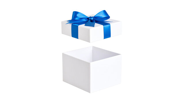 White open gift box with blue ribbon isolated on white