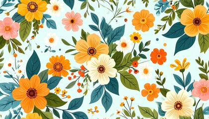 Detailed botanical seamless floral pattern with layered flowers and foliage for decorative use.
