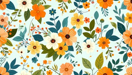 Graceful floral tapestry with balanced leaves and flowers in seamless repeat.
