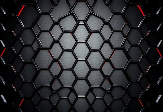 Abstract hexagon mesh pattern with metallic black, grey, and red accents; futuristic tech design, mesh, grey - Powered by Adobe