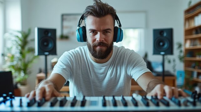 A focused musician working in a home studio, highlighting the modern fusion of creativity and technology in music production with headphones and a keyboard.