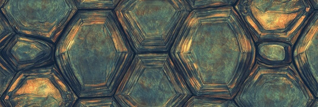 Turtle shell texture with copy space. Close-up turtle pattern. Reptile shell design. Turtle scales. Realistic turtle shell. Turtle design texture. Detailed turtle shell close-up. Wild Animal texture.