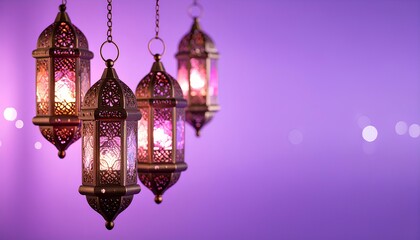 lanterns on purple background with copy space