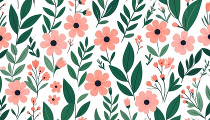 Watercolor-inspired seamless floral with petals and leaves, beautiful flow.